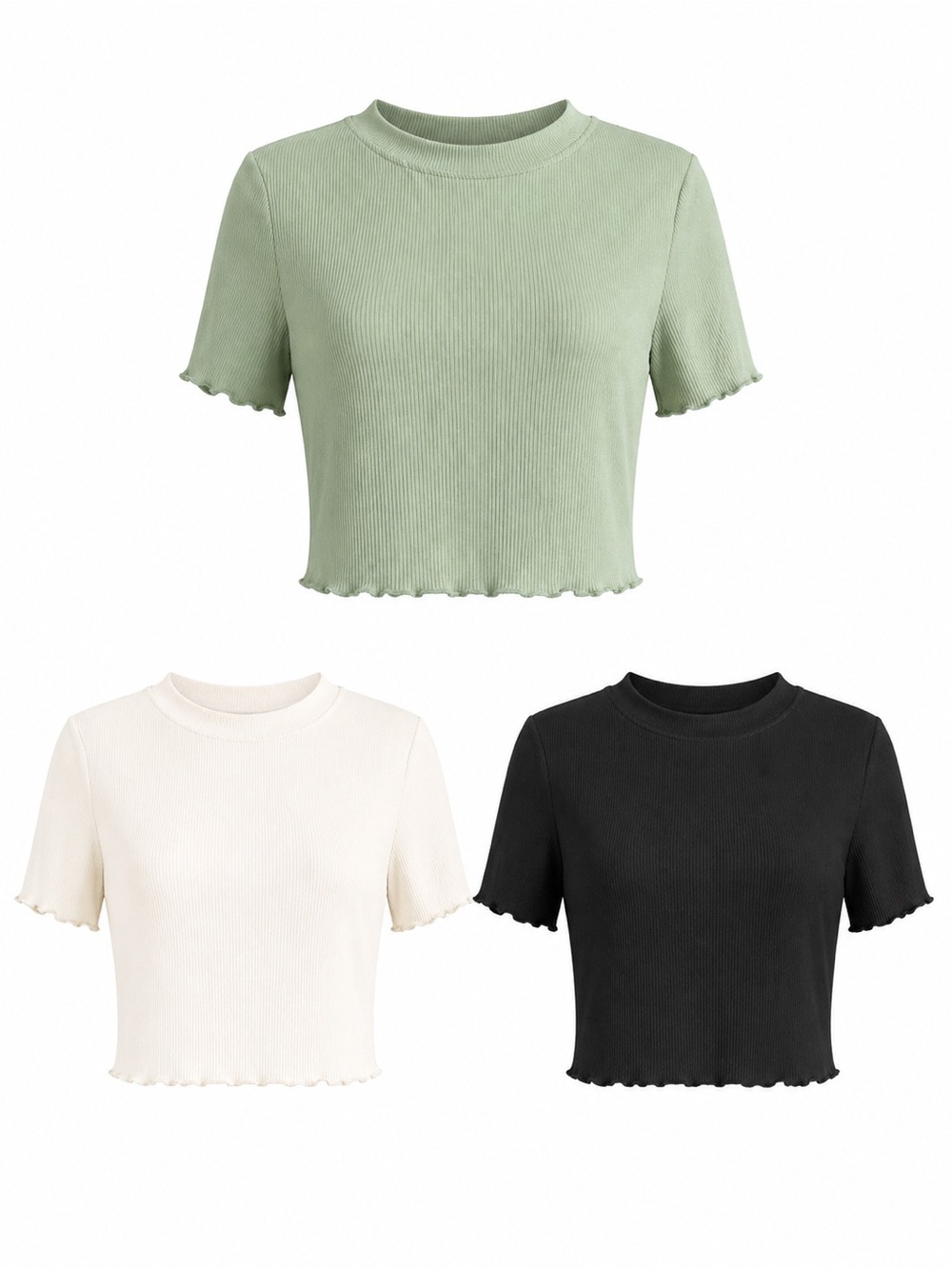 3-Pack Ribbed Crop Tee Bundle M Sage, White, Black Lettuce Hem Soft Stretch Tops